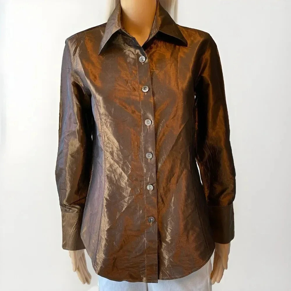Victoire Y2K metallic Brown long sleeve button-up top satin Silk Blend Women’s S